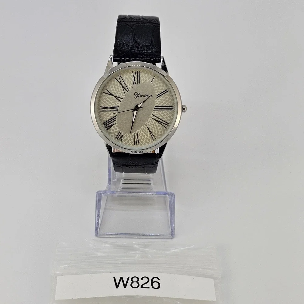 42MM Men's Watch‎ Roman Numerals Tan Dial Black Leather Bands New Battery